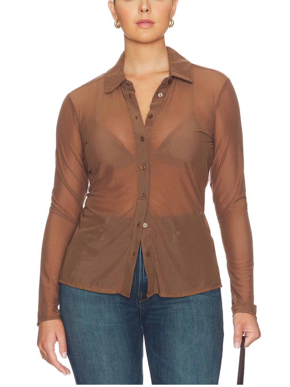 Good American mesh Brown Sheer Button-Up Shirt - Women's Top! New! S - Picture 3 of 7